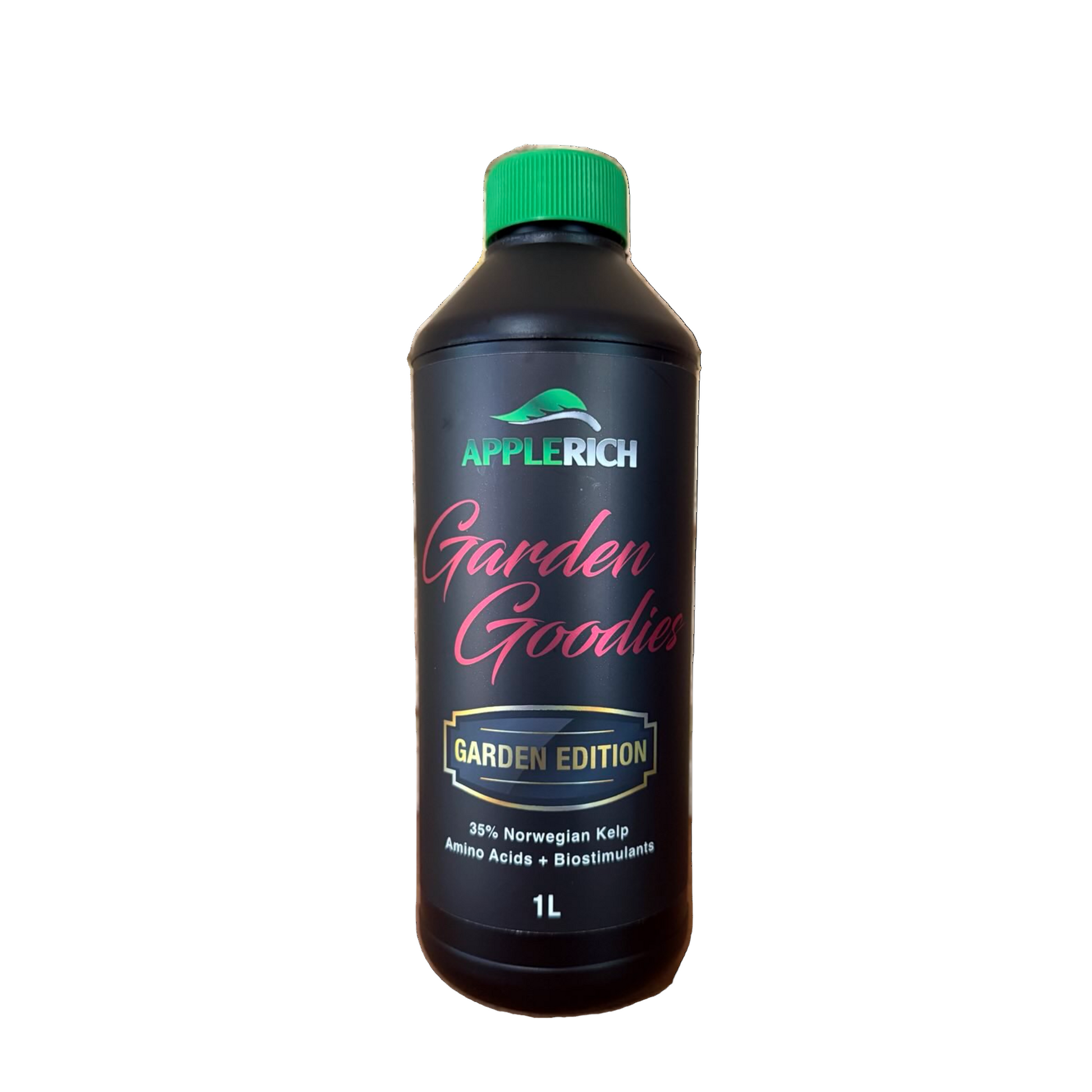 Black bottle of Appierich Garden Goodies on a white background